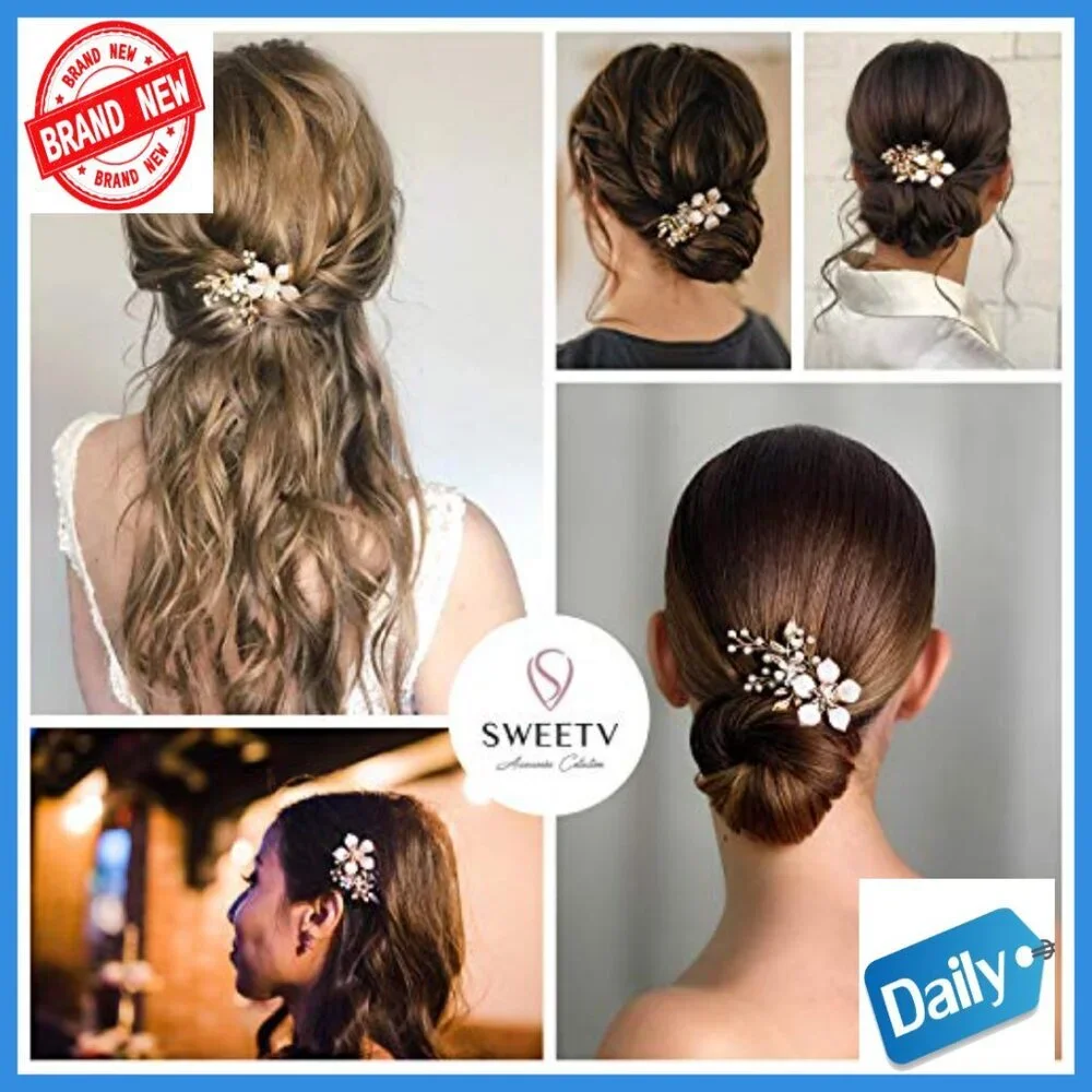 Floral Bridal Hair Comb with Pearls, Gold Plated Wedding Hair Clip - Picture 3 of 6